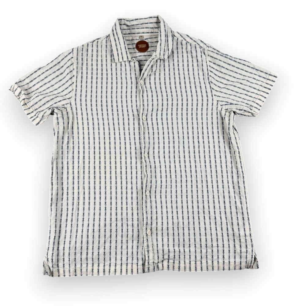 Common‎ People Shirt Mens M White Blue Striped Linen Blend Buttoned Short Sleeve